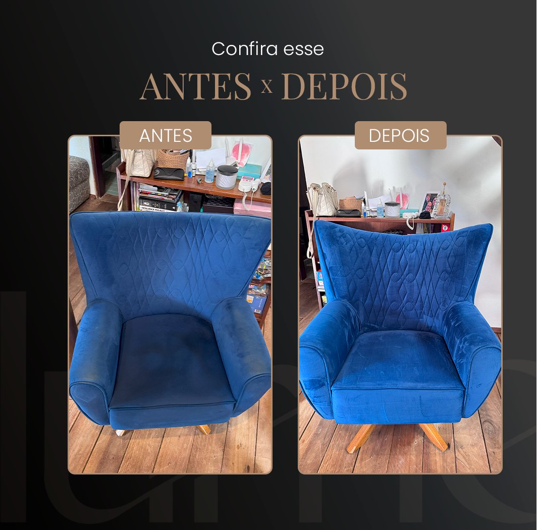 Antes e depois de poltrona em veludo — Lume Higienização